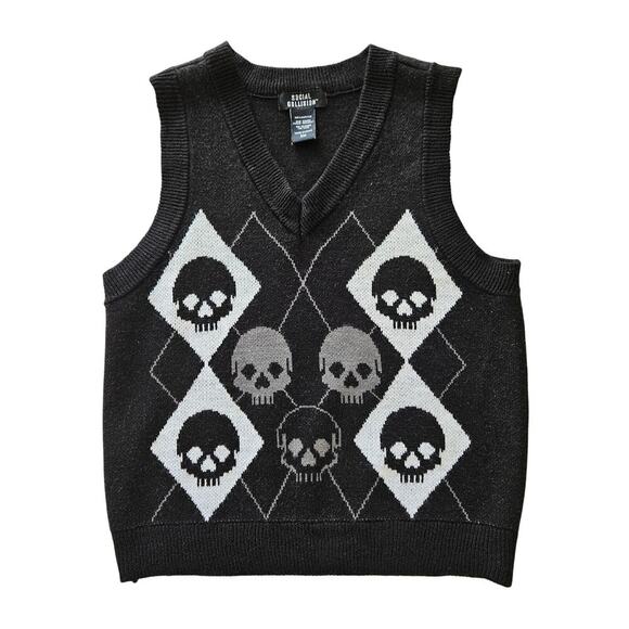 Hot Topic Black Skull Argyle Sleeveless Sweater Vest. Dark academia vibes Size S - Picture 1 of 4